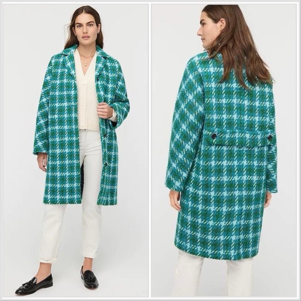 NWT J.Crew Car Coat in Green Houndstooth Italian wool Size XXS